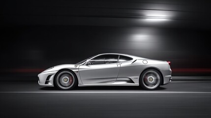 A sleek sports car in motion, showcasing speed and dynamic lighting on a simple road.