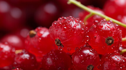 Close-up of fresh red currants with water droplets on their shiny skin.
