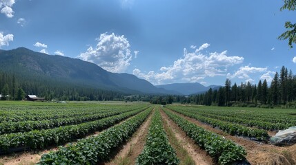 A panoramic view of a sprawling strawberry farm with rows of strawberry plants stretching into the horizon, with mountains in the distance under a blue sky