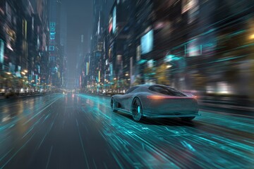 Fototapeta premium Futuristic Car Speeding Through Neon Cityscape