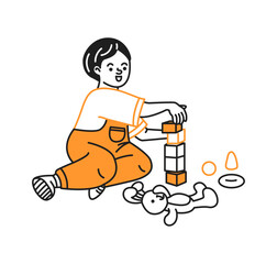 Doodle illustration. Child happily stacking colorful blocks while playing with toys. Simple cartoon design with orange and white shades. Encourages creativity in a playful setting.