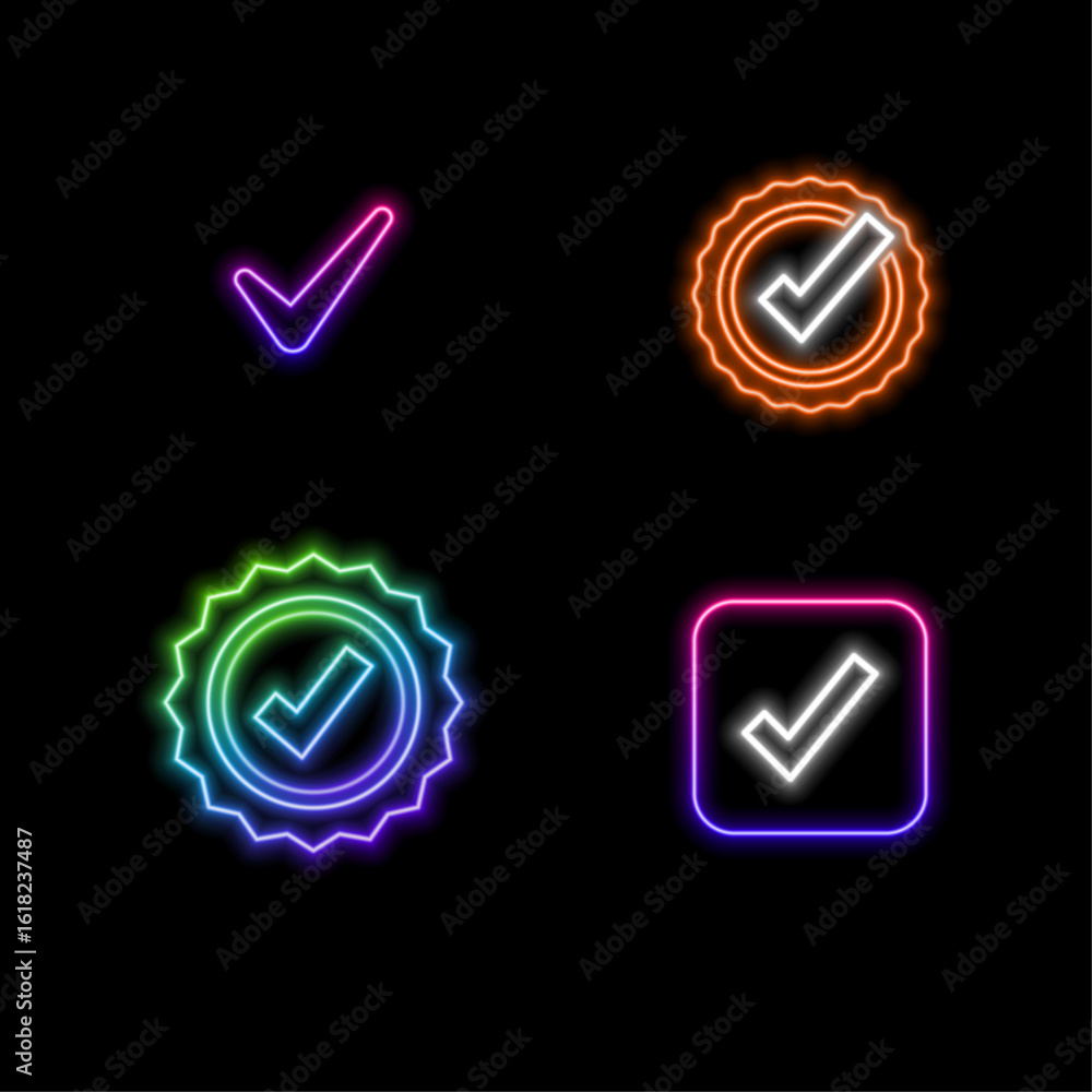 Poster neon style.checkmark correct round solid sign checked circle symbol right choice vote select selecti
