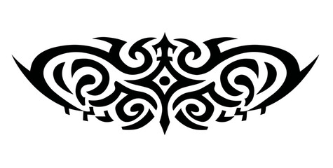 A symmetrical tribal tattoo design with swirling curved lines, radiating from a central diamond shape,