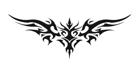 Intricate black and white tribal pattern with symmetrical floral motifs and dynamic wing-like extensions,