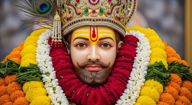 Explore lord ayyappan idol with crown and peacock feather for hindu devotional content