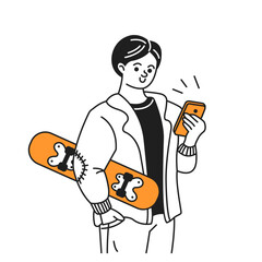 Doodle illustration. Line art of a young skater holding skateboard and checking smartphone. Casual style with orange accents. Represents modern lifestyle and connectivity.