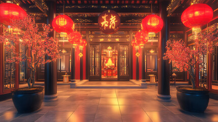 Fototapeta premium Traditional Chinese courtyard with lanterns and cherry blossoms. Festive Asian architecture. 