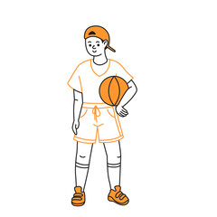 Doodle illustration of a young boy holding a basketball. He is wearing casual sports attire and a cap. The image uses simple orange and black lines. Minimalist style.