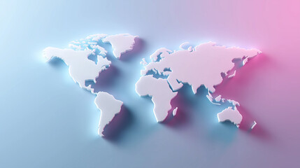 3D world map in soft focus with vibrant blue and pink lighting.

