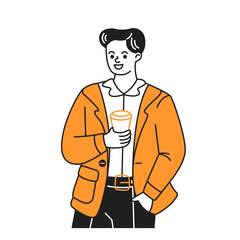 Doodle illustration of a smiling man. He is holding a coffee cup. Dressed in an orange jacket. Calm expression. Minimalistic white background.