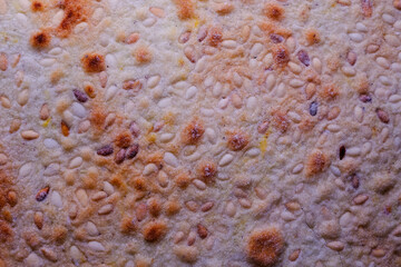 A close-up of a sesame seed cracker's textured surface