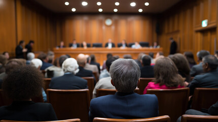 Audience attending formal court session with judges seated at the bench.
