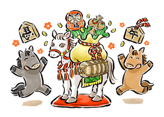 干支の午の置き物から出てくる宝物に喜ぶゆるキャラの馬（午）たちの手描きイラスト