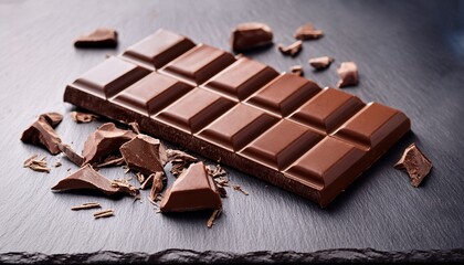 a chocolate bar with pieces broken off is placed on a slate surface concept chocolate indulgence and snack