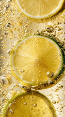 Bright lime slices and citrus fruit floating in bubbly clear liquid, refreshing carbonated drink concept