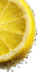 Bright lime slices and citrus fruit floating in bubbly clear liquid, refreshing carbonated drink concept
