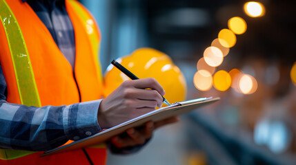 Close-up of worker in safety vest writing on clipboard during industrial inspection.
