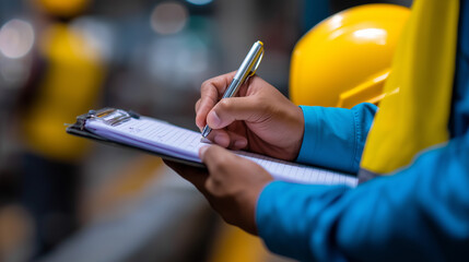 Close-up of worker in safety vest writing on clipboard during industrial inspection.
