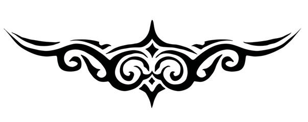 Fototapeta premium A black and white symmetrical design with swirling motifs and pointed tips resembles tribal body art,