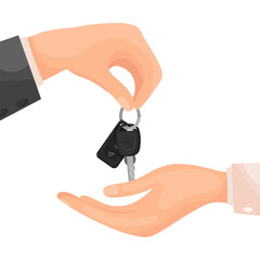 Vector cartoon image of buying and acquiring a car. Concept of transferring transport. Profitable deal. Transferring car keys. Element for your design.