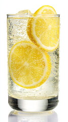 Bright lime slices and citrus fruit floating in bubbly clear liquid, refreshing carbonated drink concept