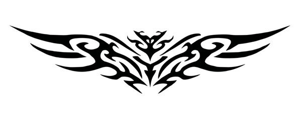 Obraz premium A black tribal tattoo design with symmetrical curved and angular lines, bold sharp intricate patterns,
