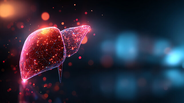 Glowing human liver in futuristic design, symbolizing healthcare innovation and technology