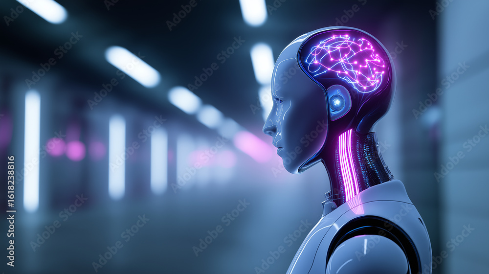 Poster futuristic humanoid robot with glowing neural network and illuminated neck cables in high-tech envir