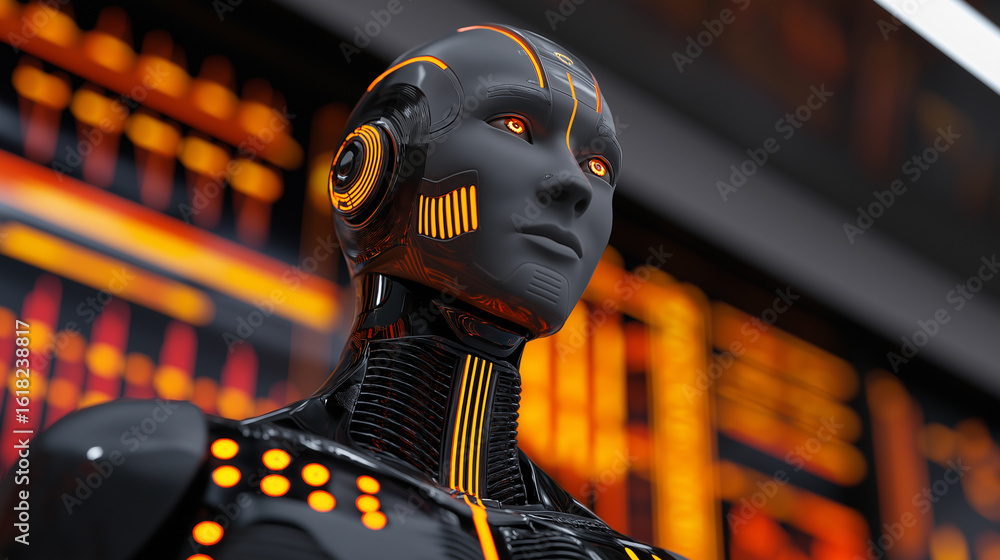 Poster futuristic black humanoid robot with glowing orange elements standing in front of digital display.