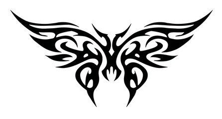 Symmetrical tribal tattoo design with a mirrored butterfly motif, intricate wings featuring swirling patterns,