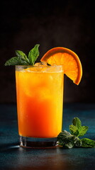 Refreshing orange juice cocktail with ice, mint, and an orange slice. Summer drink for cool refreshment.