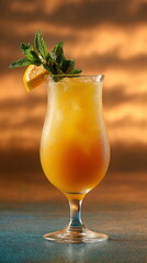 Refreshing orange juice cocktail with ice, mint, and an orange slice. Summer drink for cool refreshment.