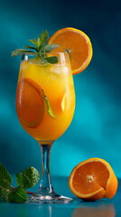Refreshing orange juice cocktail with ice, mint, and an orange slice. Summer drink for cool refreshment.