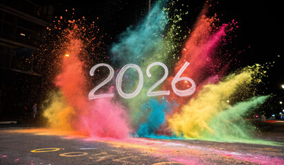 A vibrant explosion of colorful powder bursts from the center, showcasing the number 2026 in bold white font. The colors range from bright pink, blue, green, and yellow, radiating against a solid blac