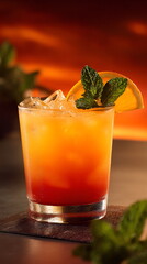 Refreshing orange juice cocktail with ice, mint, and an orange slice. Summer drink for cool refreshment.