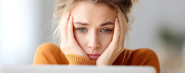 financial trouble unemployment stress concept. Frustrated woman looking at a laptop with hands on her face.