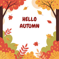 Hello autumn. Colorful background with autumn nature. Autumn banner. Cartoon autumn illustration