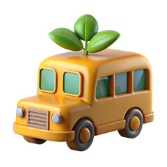 Cute cartoon yellow school bus with green leaves growing from the roof isolated on transparent background