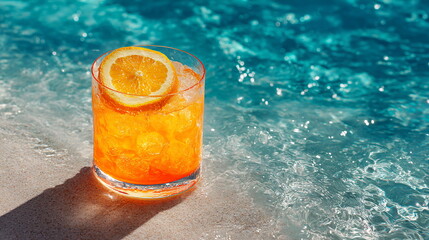 Refreshing orange juice cocktail with ice, mint, and an orange slice. Summer drink for cool refreshment.