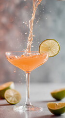 Refreshing pink cocktail with lime slice and ice, liquid pouring into glass. Drink for summer party. Refreshment concept.