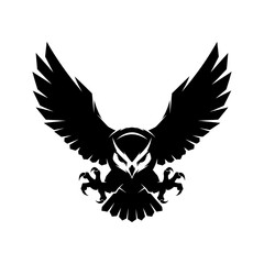 Silhouette of a aggressive flying owl with spread wings and talons. Black owl emblem swooping to attack isolated On white background