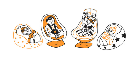 Doodle illustration of cute babies in modern seats, playful and charming with bright colors and simple lines, perfect for nursery decor or childrens products.