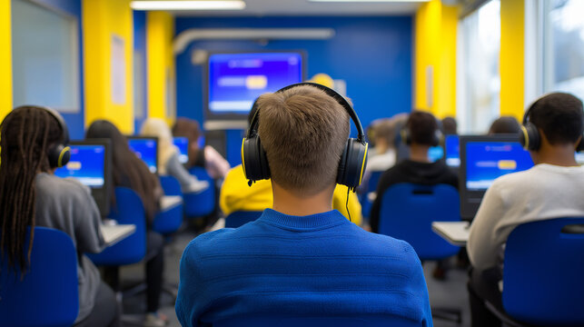 Schoolchildren with headphones attending digital lesson in colorful classroom environment.

