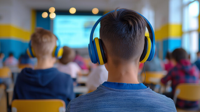 Schoolchildren with headphones attending digital lesson in colorful classroom environment.

