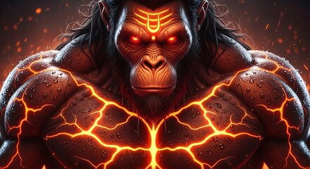 Powerful hanuman illustration with glowing muscles and red eyes digital art design