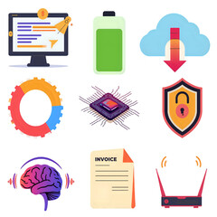 Colorful Technology Icons Representing Computing Connectivity Security and Innovation Concepts