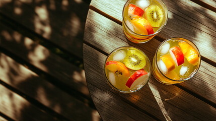 Three cocktail glasses on wooden table in sunny outdoor, refreshing summer drinks for holiday, vacation concept.