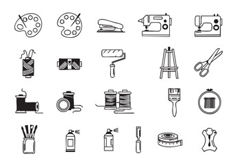 Handmade Craft and DIY Supplies Vector Icon Set Black and White Line Art for Hobby and Creative Projects