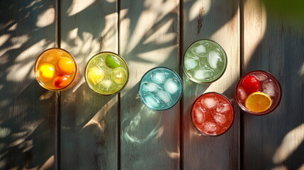 Six cocktail glasses on wooden table in sunny outdoor, refreshing summer drinks for holiday, vacation concept.