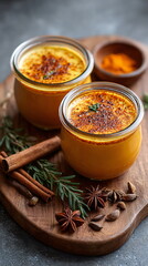 Golden latte drink with star anise spice on wooden board for healthy beverage and warm winter treat.